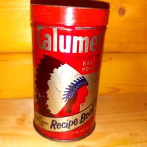 Vintage Calumet Baking Powder Tin with Native American Indian Head Logo, Recipe